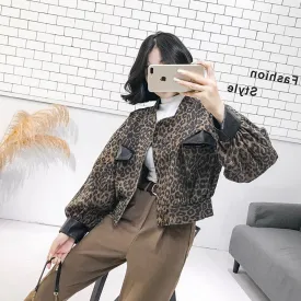 Short Leopard Print Buttons Leather Stylish Jacket