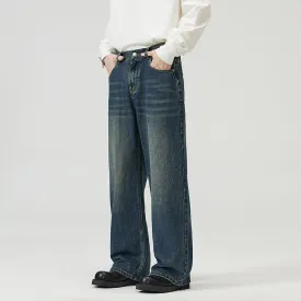 2024 Spring New Half Elastic Waist American Retro Jeans Men's Loose Straight Cleanfit Wide Leg Trousers