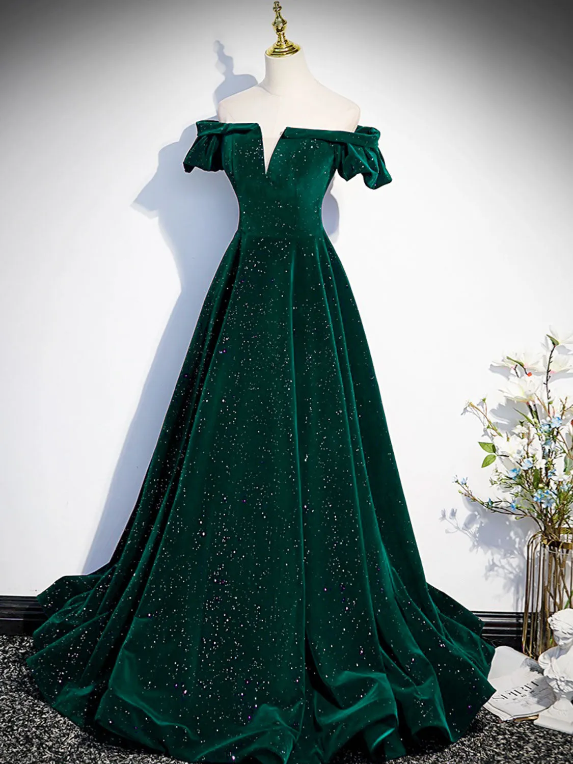 A-Line Off Shoulder Velvet Long Prom Dresses, Green Velvet Graduation Dress