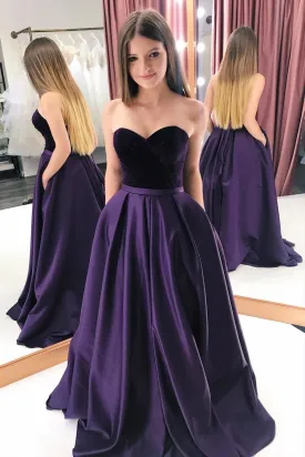 A-Line Purple Velvet Satin Sweetheart Long Prom Dresses With Pockets