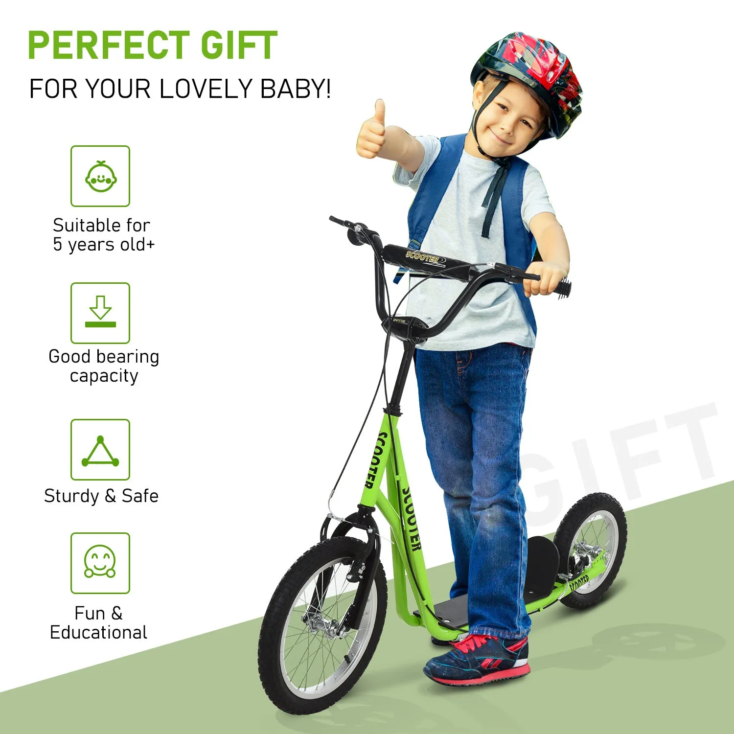 Aosom Youth Scooter, Teens Kick Scooter, Adjustable Handlebar Ride On Toy for 5  with 16" Front and 12" Rear Dual Brakes Inflatable Wheels, Green