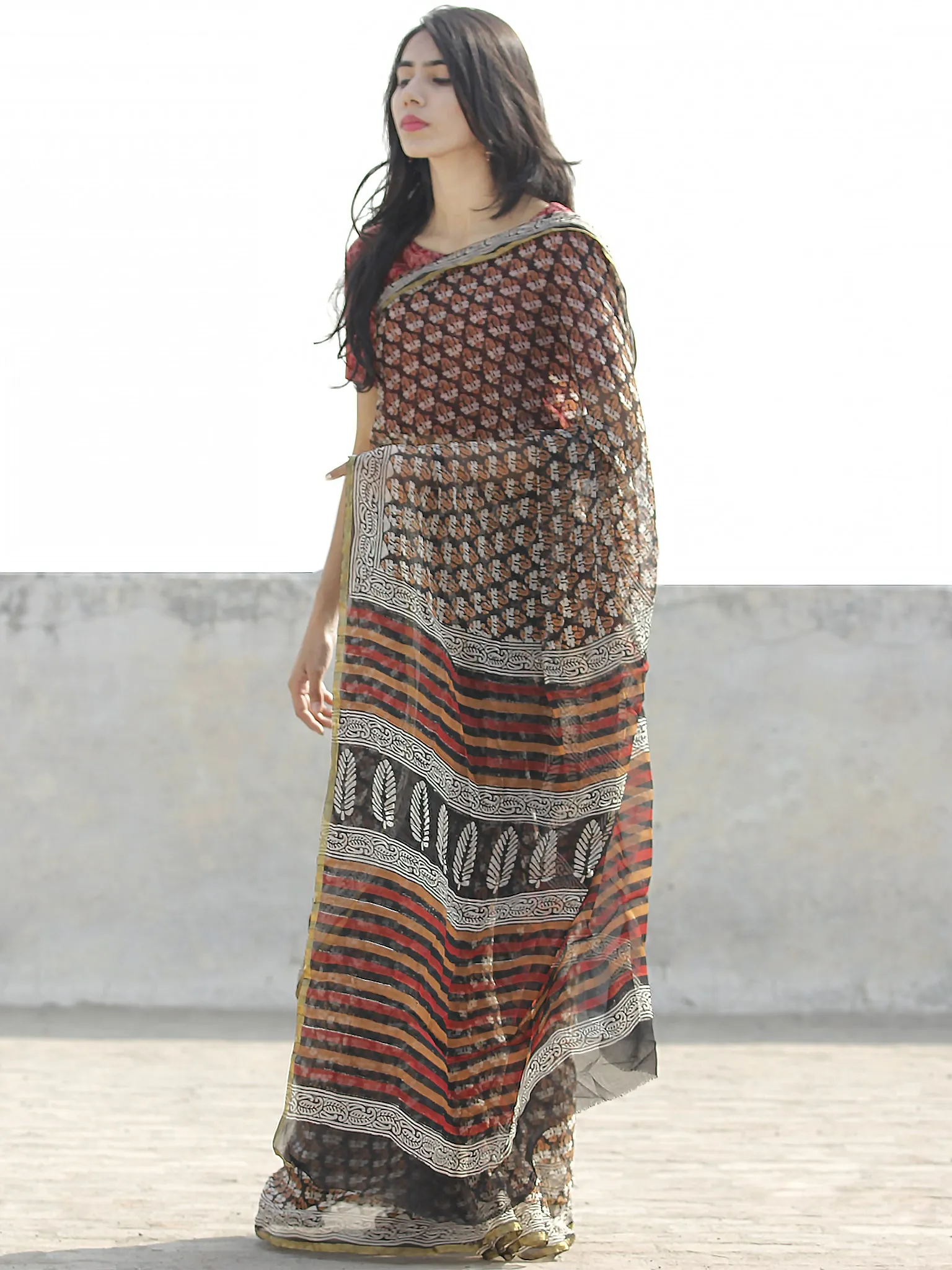 Beige Black Rust Hand Block Printed Chiffon Saree with zari border- S031702663