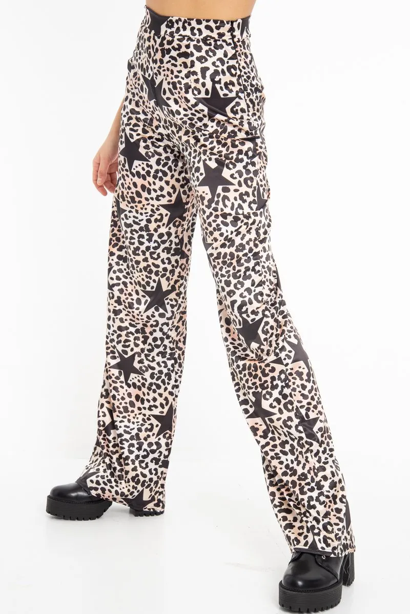 Beige Satin Leopard Print Star Detail Wide Leg Trousers - Pippa