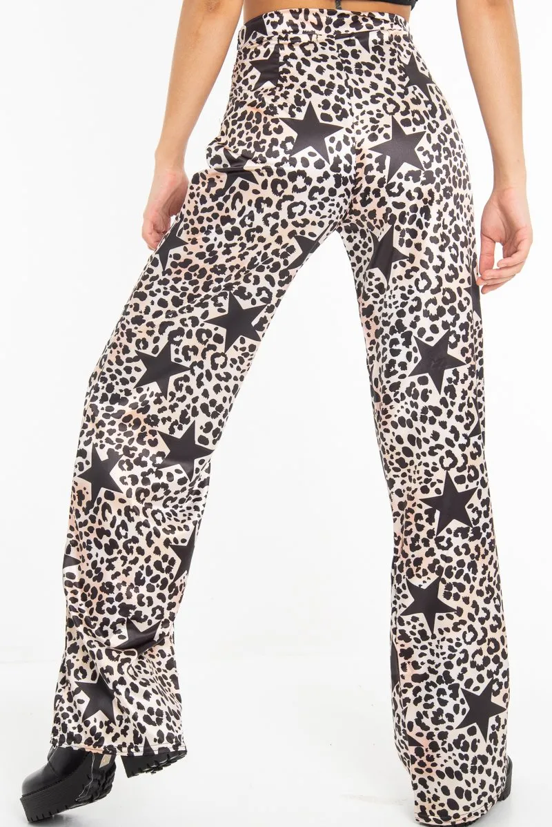 Beige Satin Leopard Print Star Detail Wide Leg Trousers - Pippa