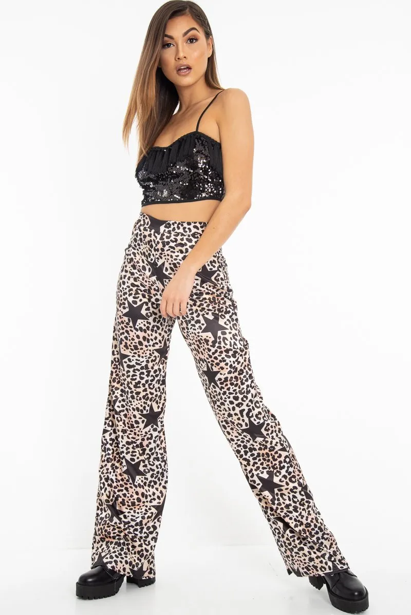 Beige Satin Leopard Print Star Detail Wide Leg Trousers - Pippa