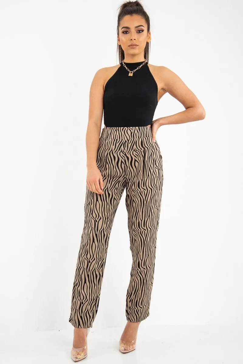 Beige Zebra Print Wide Leg Trousers - Gisella