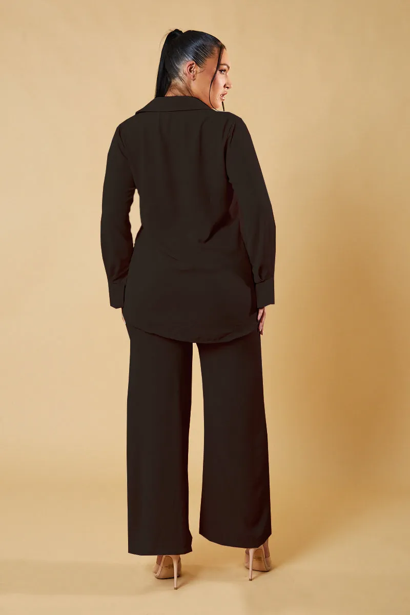 Black Button Up Front Shirt & Wide Leg Trouser Co-ord - Alicia