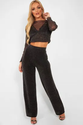 Black Glitter High Waist Wide Leg Trousers - Betsey