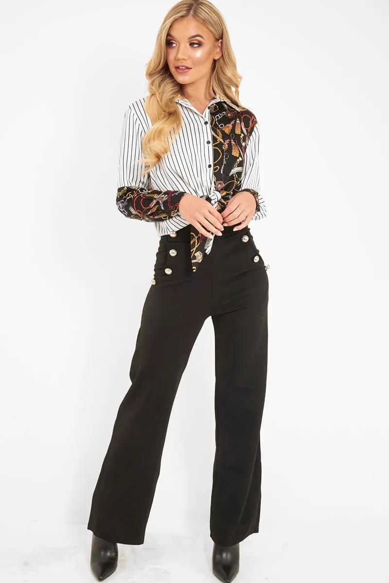 Black High Waist Button Front Wide Leg Trousers - Chrisy