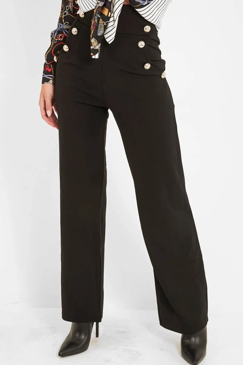 Black High Waist Button Front Wide Leg Trousers - Chrisy