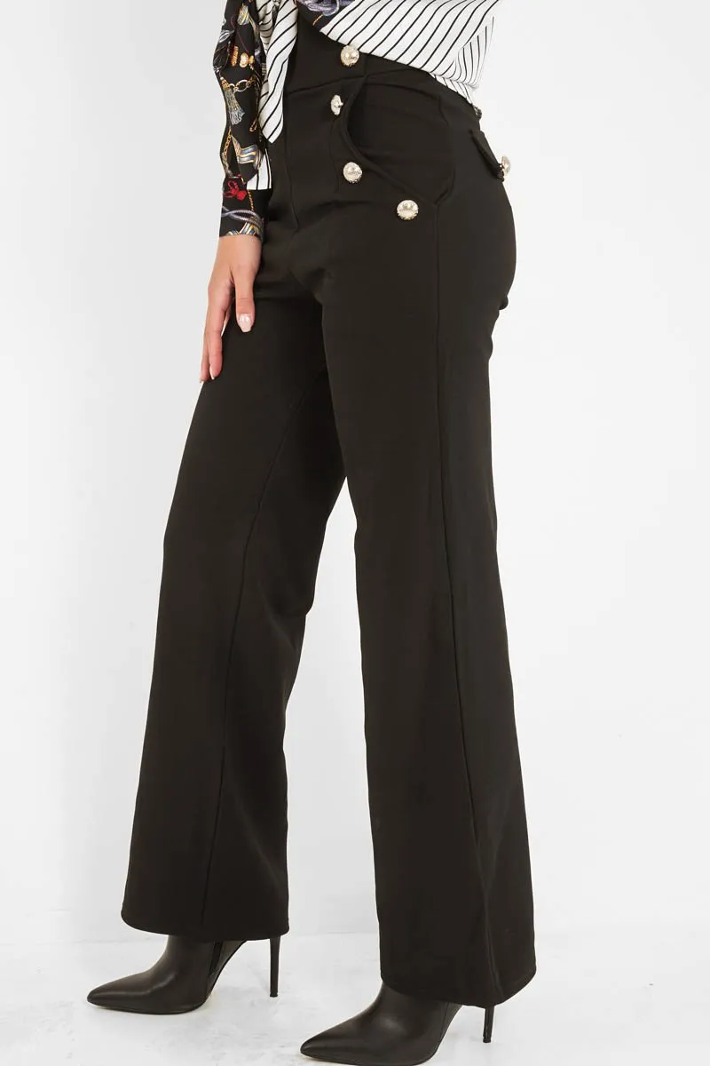 Black High Waist Button Front Wide Leg Trousers - Chrisy