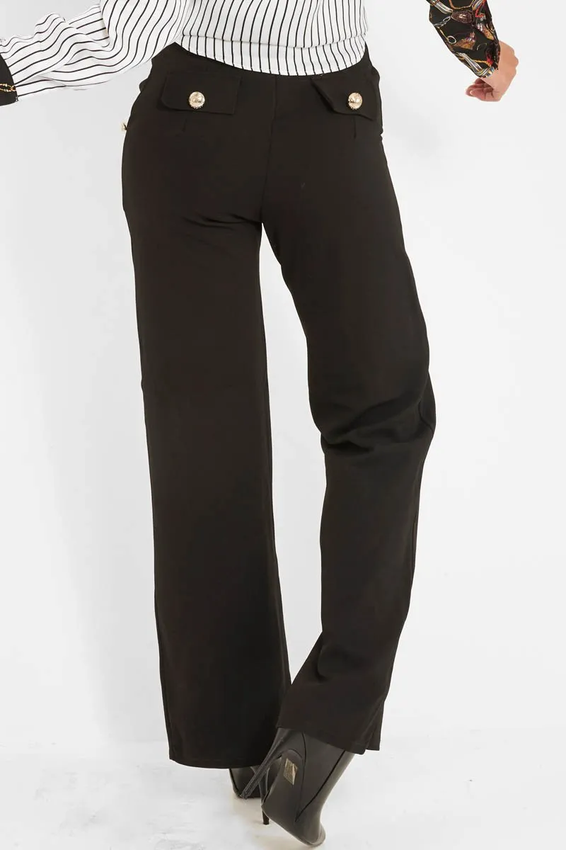 Black High Waist Button Front Wide Leg Trousers - Chrisy