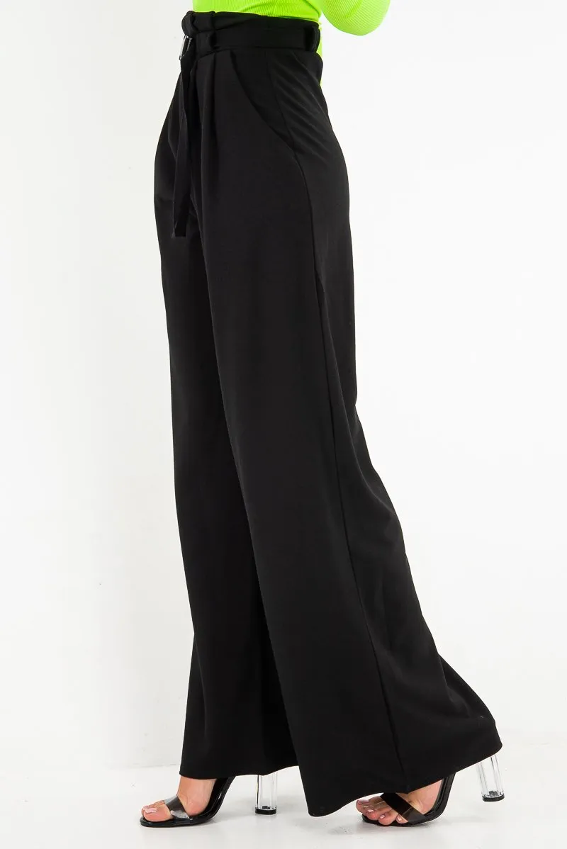 Black High Waist Paper Bag Buckle Belt Trousers - Ivyonna