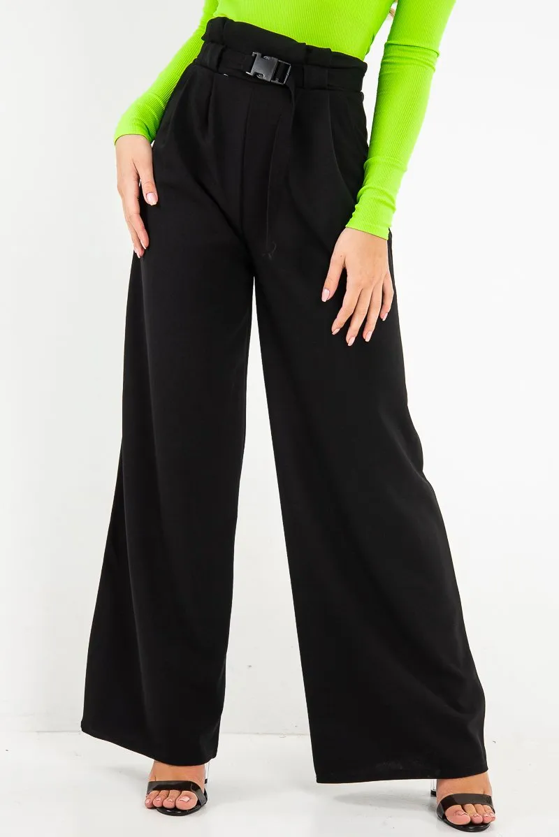 Black High Waist Paper Bag Buckle Belt Trousers - Ivyonna