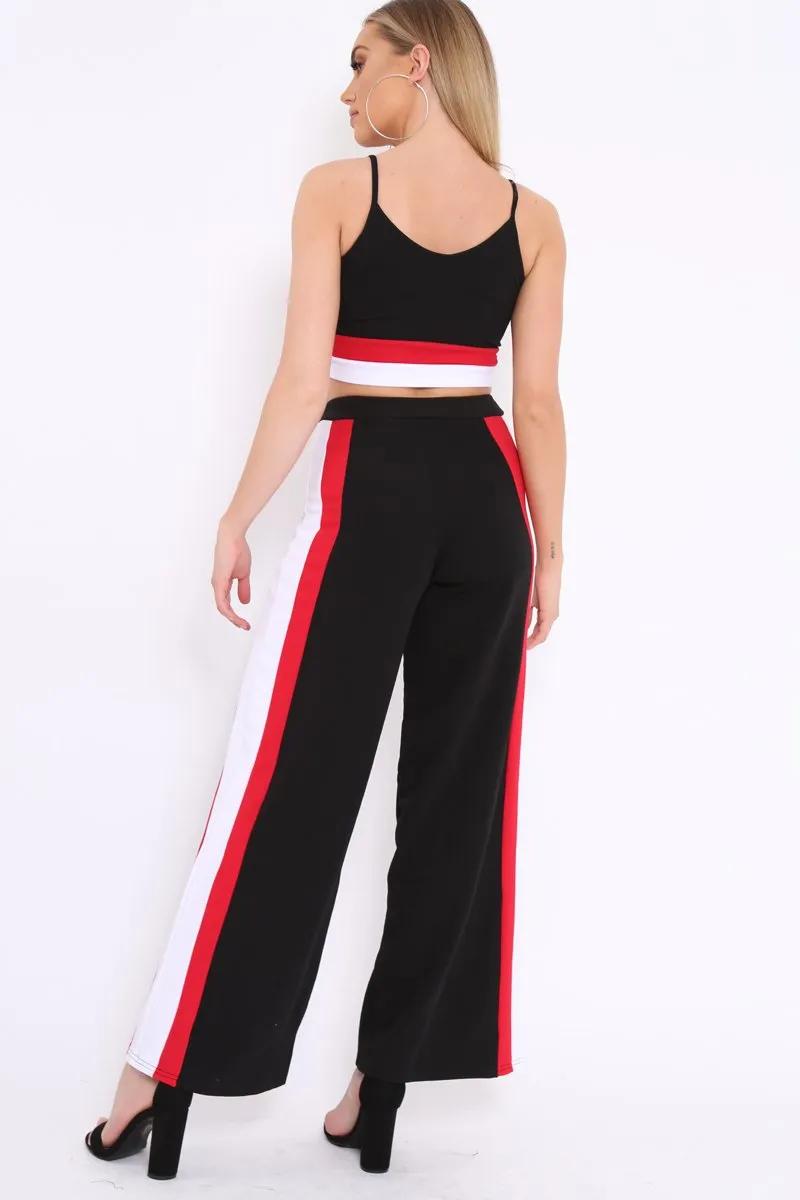 Black High Waist Trousers with Red and White Side Stripes - Enia