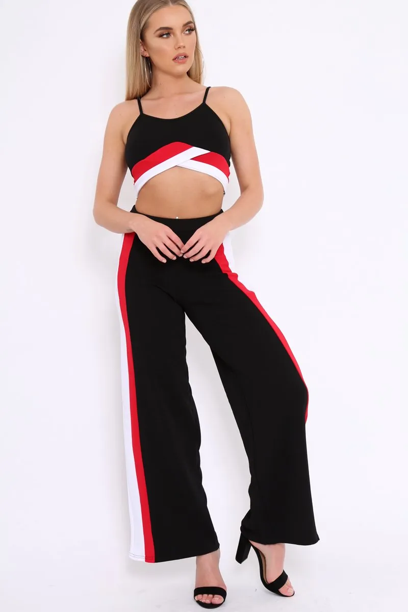 Black High Waist Trousers with Red and White Side Stripes - Enia