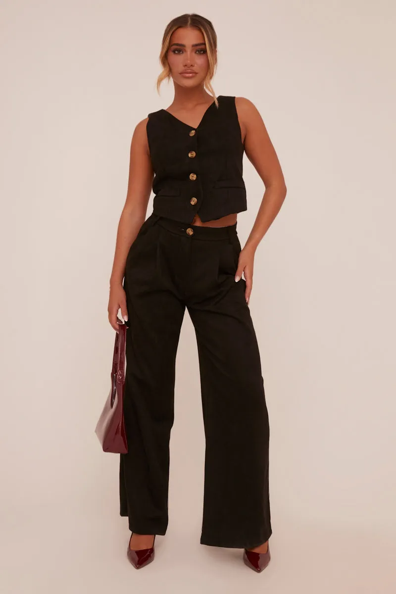 Black Pleat Detail Wide Leg Trousers - Ether