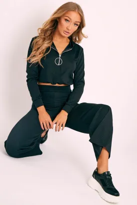 Black Ribbed Ring Pull Zip Loungewear Co-ord - Candace