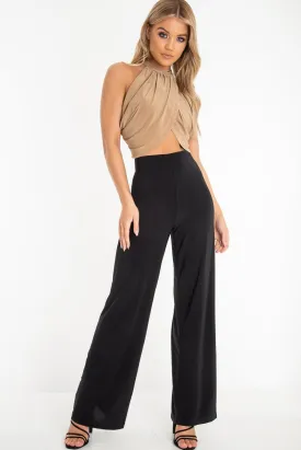 Black Slinky High Waist Wide Leg Trousers - Traci