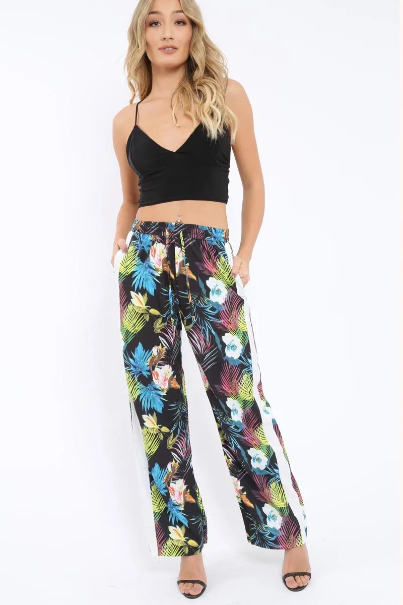 Black Tropical Print Wide Leg Trousers - Ezrie