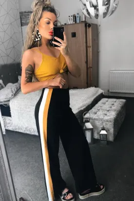 Black with Mustard and White Side Stripe Wide Leg Trousers - Wiley