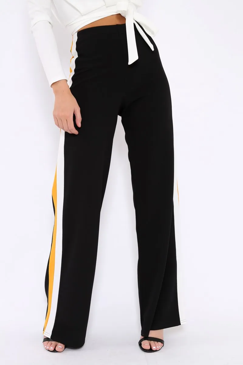 Black with Mustard and White Side Stripe Wide Leg Trousers - Wiley