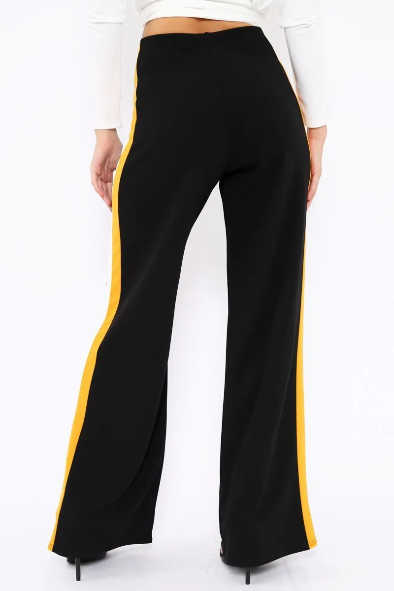 Black with Mustard and White Side Stripe Wide Leg Trousers - Wiley