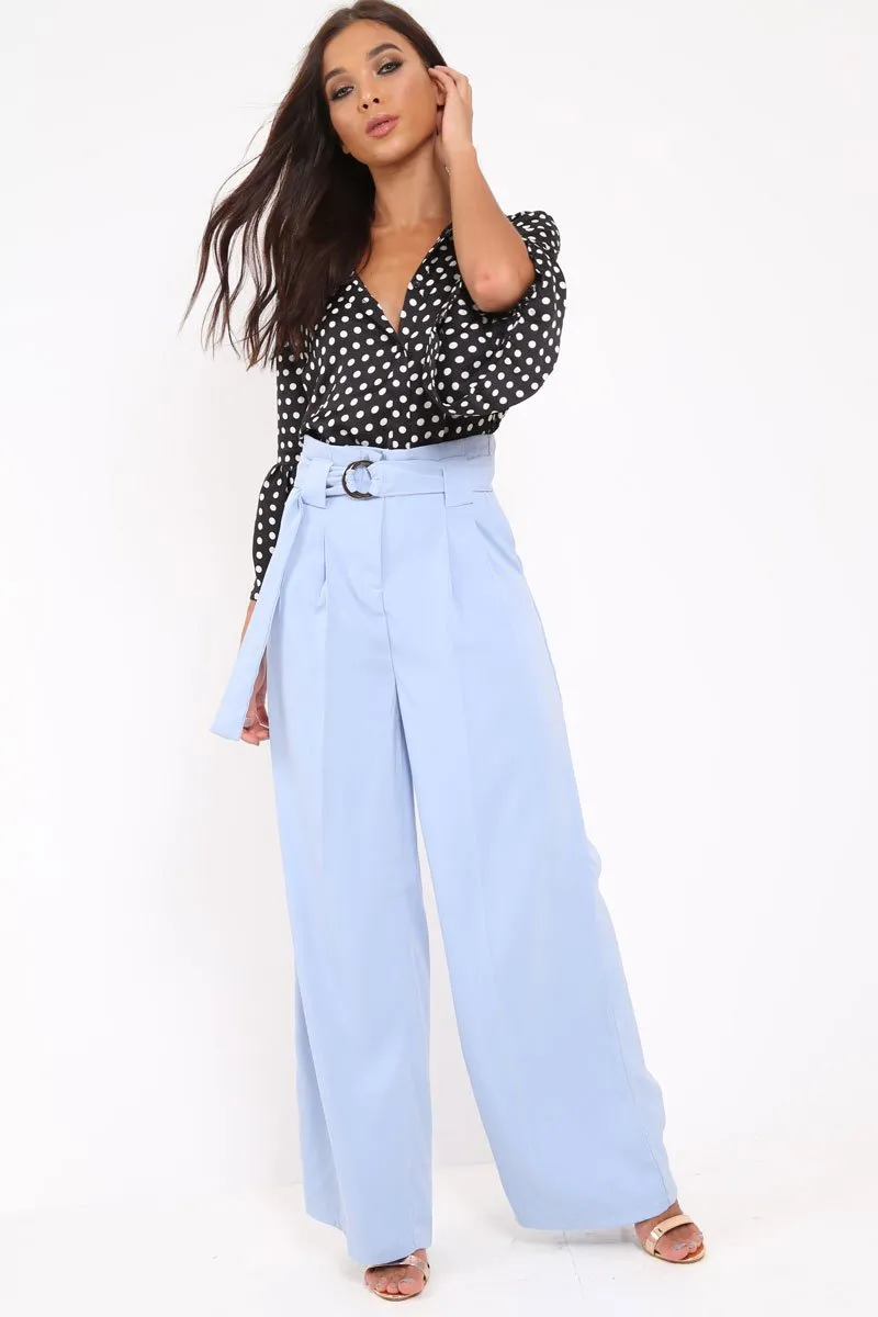 Blue Belted High Waist Wide Leg Trousers - Elianny