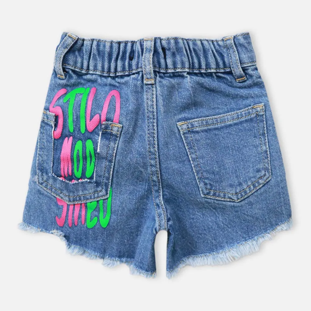 Blue Painted Raw Hem Denim Shorts