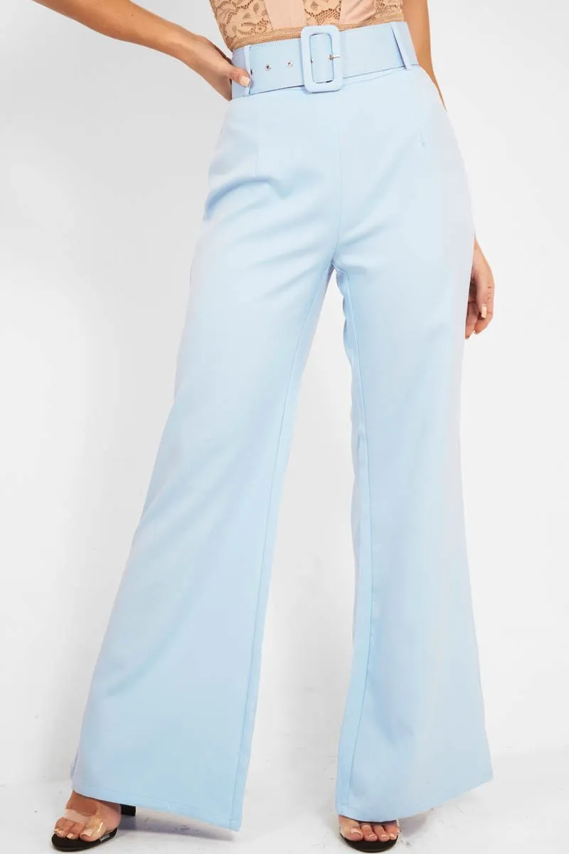 Blue Tailored Wide Leg Belted Trousers - Chenelle