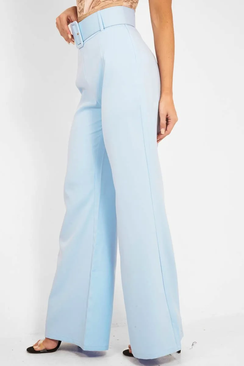 Blue Tailored Wide Leg Belted Trousers - Chenelle