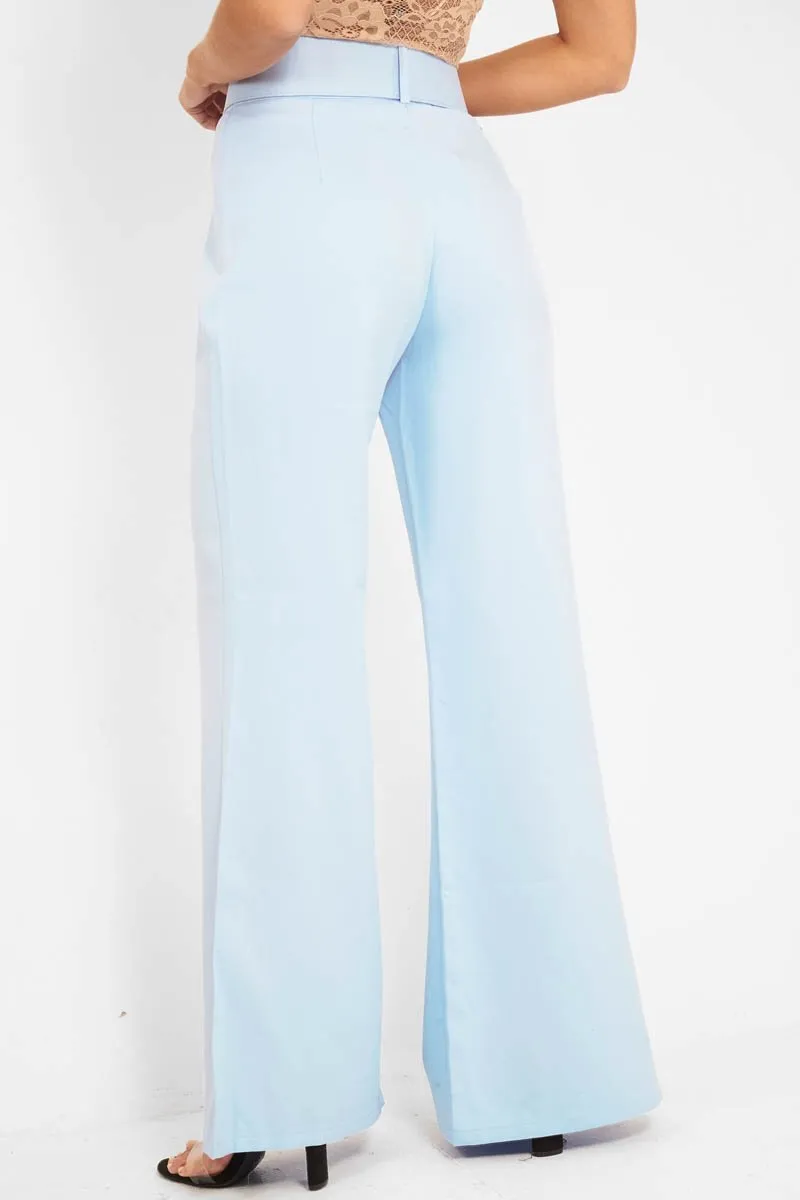 Blue Tailored Wide Leg Belted Trousers - Chenelle