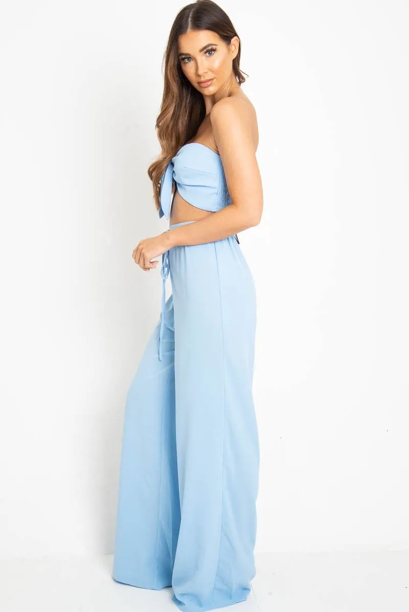 Blue Tie Front Bandeau Wide Leg Trouser Co-Ord - Roselia