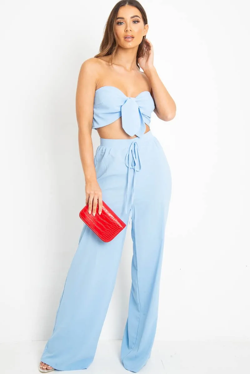 Blue Tie Front Bandeau Wide Leg Trouser Co-Ord - Roselia