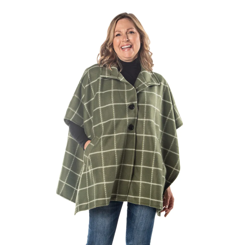 Bridget High Neck 4 Button Green Fleece Cozy Coat Cape