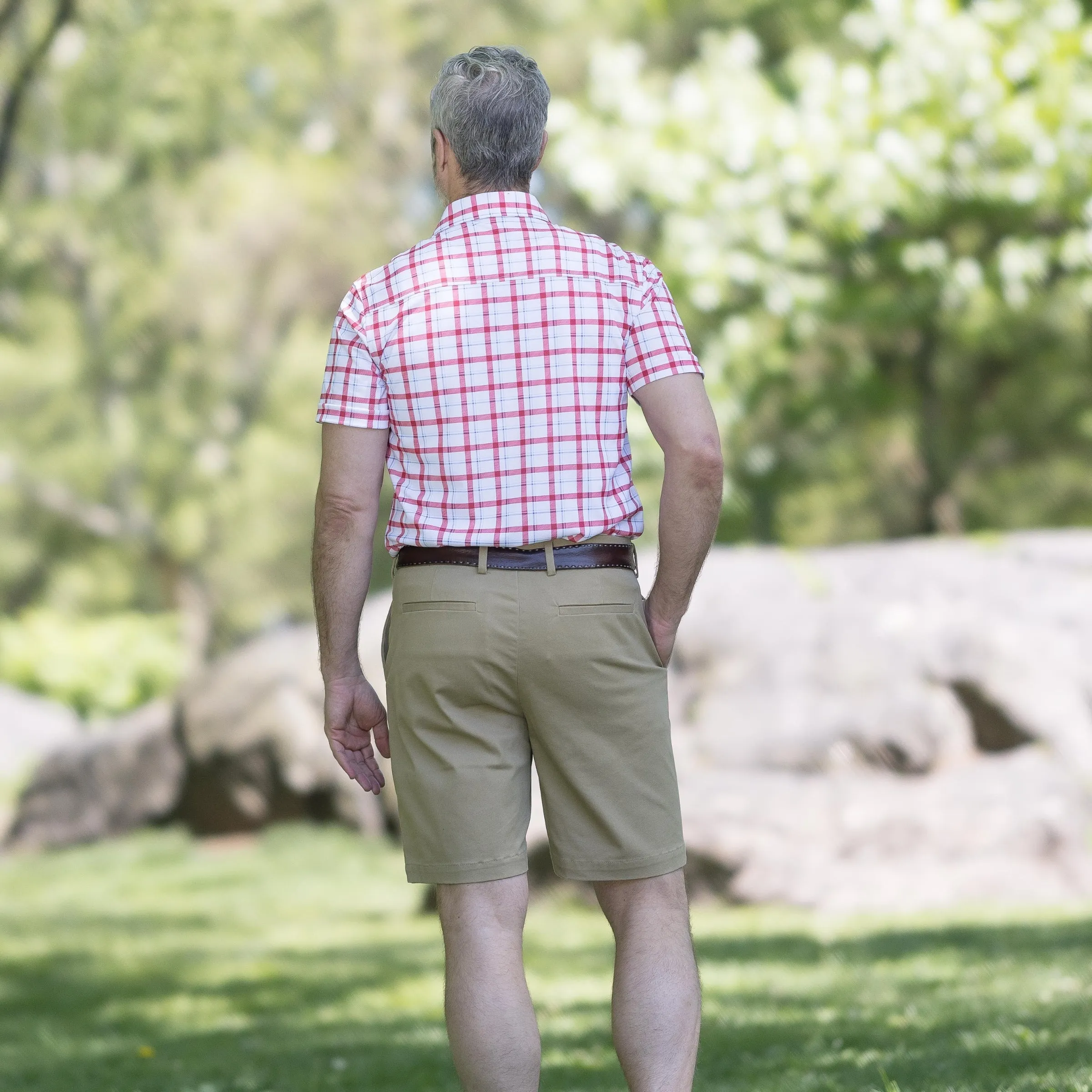 Cooling Magnetic Front Polo Short Sleeves in Red Plaid