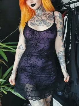 Gothic Cami Stretch Grunge Print Web Contrast Spider Lace Spaghetti Lace Strap Frock