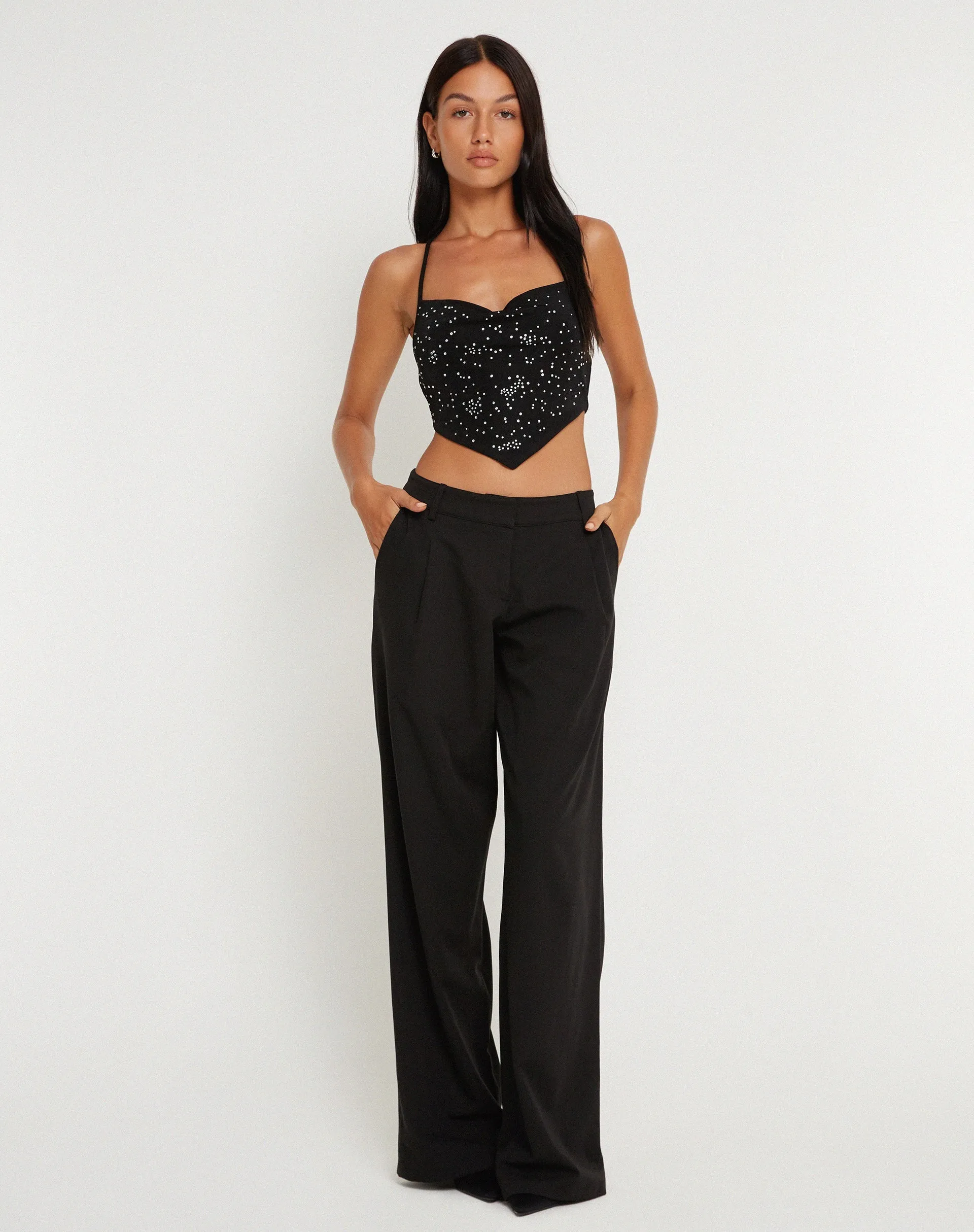 Ketida Halterneck Crop Top in Black Diamante