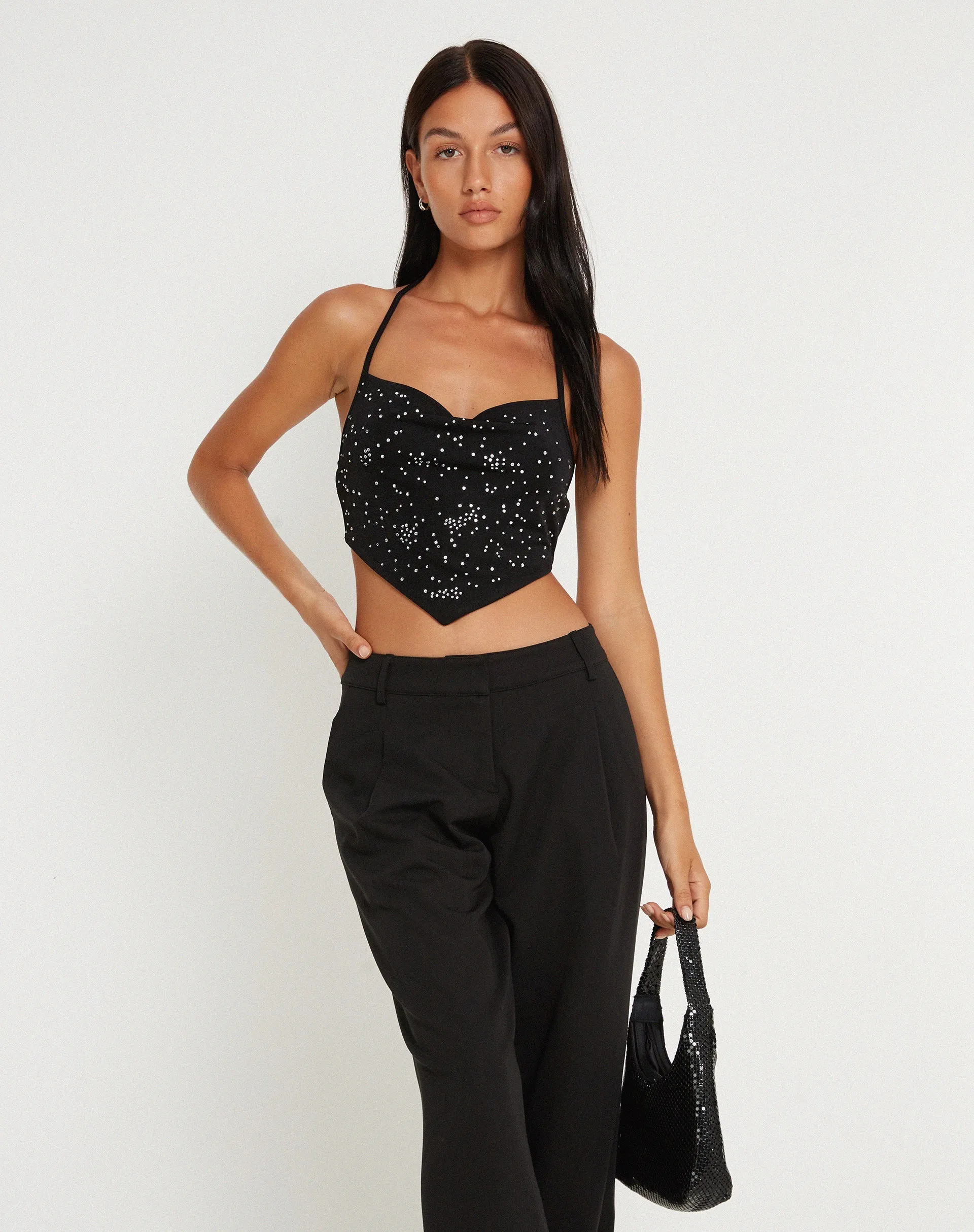 Ketida Halterneck Crop Top in Black Diamante