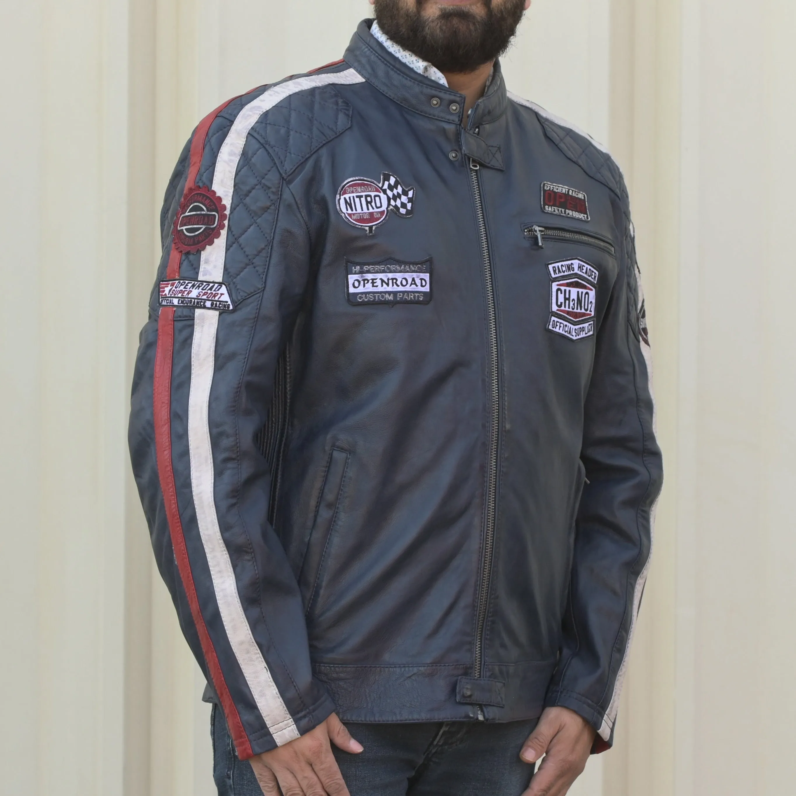 Men's Racer Jacket with Patches and Striped Accents