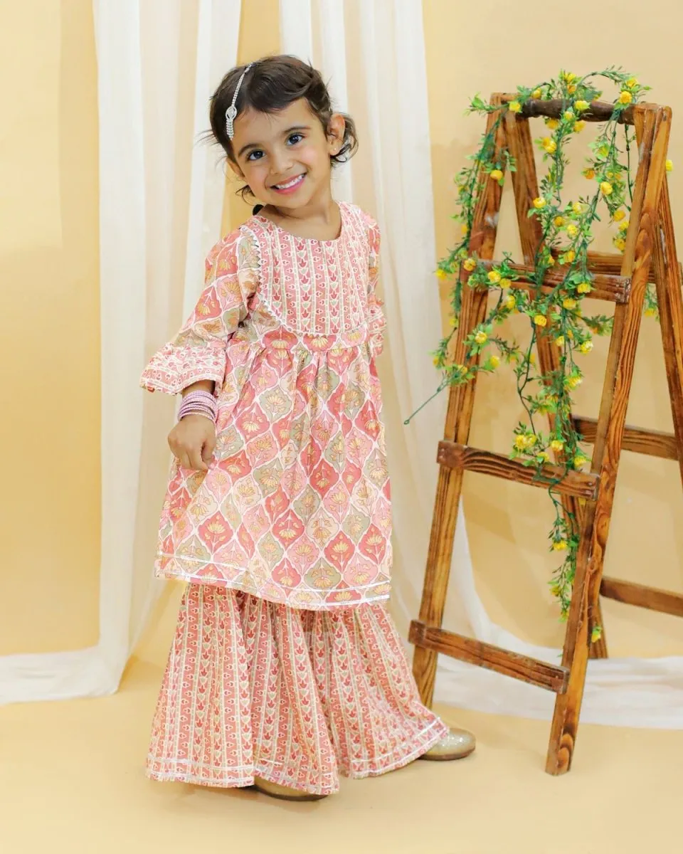 Pastel Peach And Green Floral Print Girls Anarkali Kurta Sharara Set