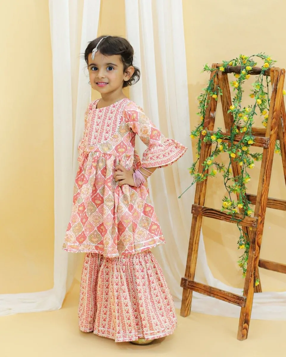 Pastel Peach And Green Floral Print Girls Anarkali Kurta Sharara Set