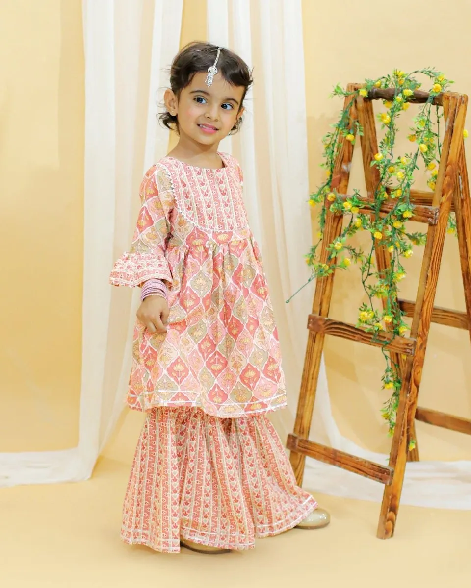 Pastel Peach And Green Floral Print Girls Anarkali Kurta Sharara Set