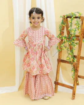 Pastel Peach And Green Floral Print Girls Anarkali Kurta Sharara Set