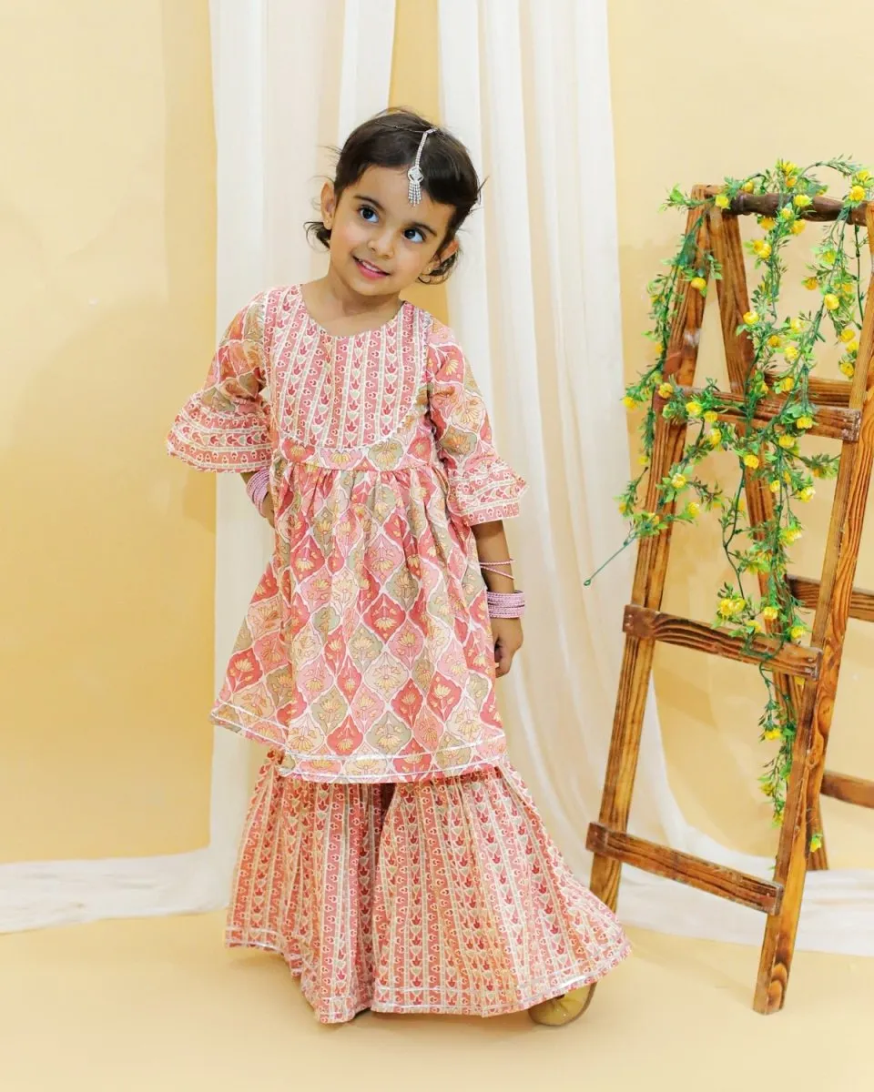 Pastel Peach And Green Floral Print Girls Anarkali Kurta Sharara Set