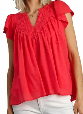 Pleated Split Neck Top in Coral by Umgee