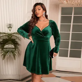 Plus Size Waist Controlled Sexy V Neck Velvet Long Sleeves Mini Dress