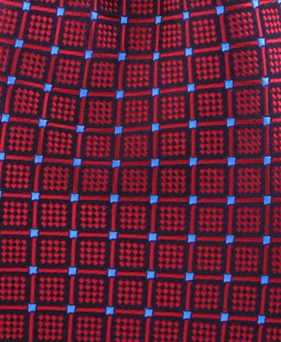 Red Geometric 4" Wide Necktie with miniature blue squares