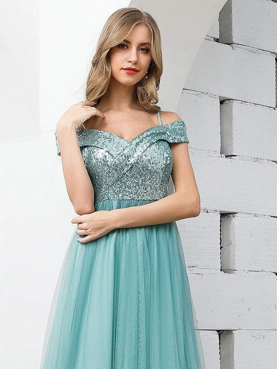 Romantic Off Shoulder Tulle and Sequin Bridesmaid Dress with Strap