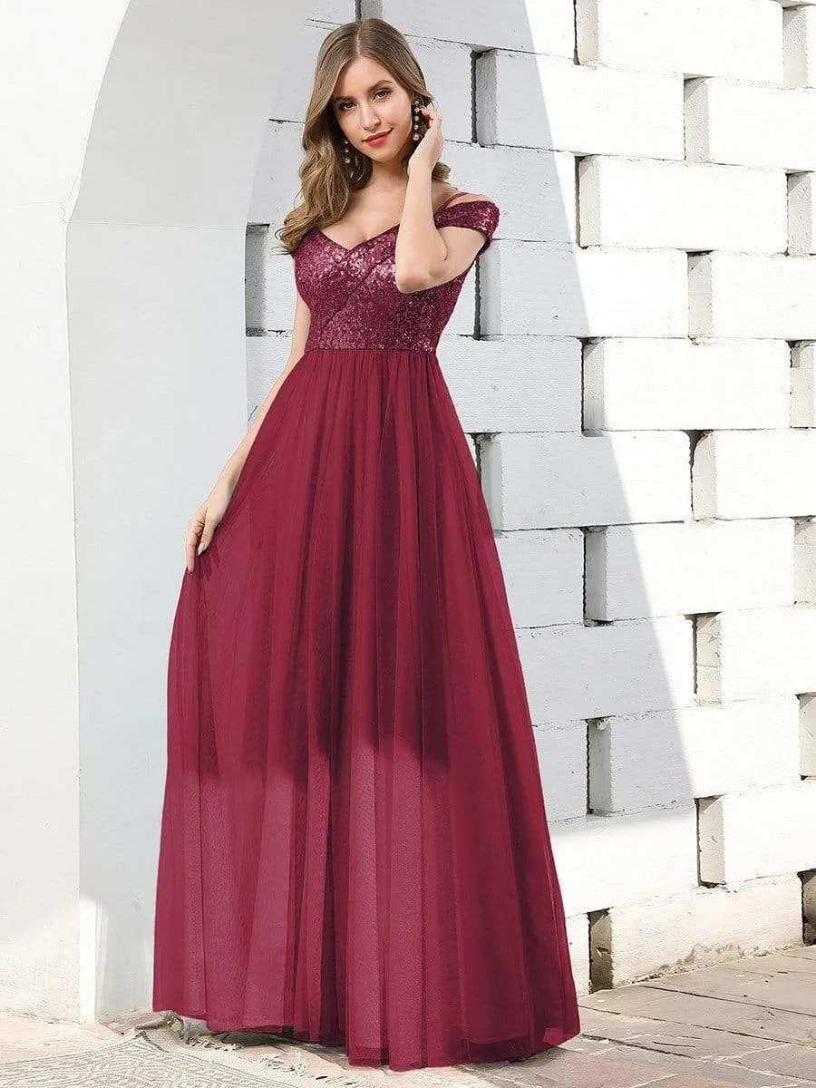 Romantic Off Shoulder Tulle and Sequin Bridesmaid Dress with Strap